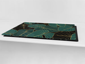 BIG KITCHEN BOARD & Induction Cooktop Cover – Glass Pastry Board – SINGLE: 80 x 52 cm (31,5” x 20,47”); DOUBLE: 40 x 52 cm (15,75” x 20,47”); DD41 Tropical Leaves Series: Art deco wallpaper 1