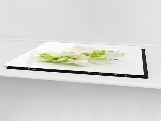 Induction Cooktop Cover – Glass Cutting Board- Flower series DD06B White flowers 1
