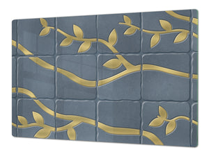 GIGANTIC CUTTING BOARD and Cooktop Cover - Glass Kitchen Board DD35 Textures and tiles 1 Series: Golden branches on a blue background