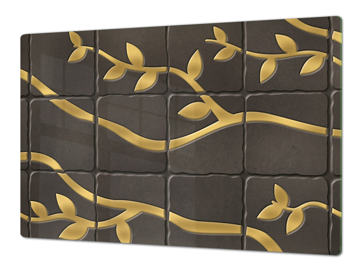 GIGANTIC CUTTING BOARD and Cooktop Cover - Glass Kitchen Board DD35 Textures and tiles 1 Series: Golden branches on a dark background