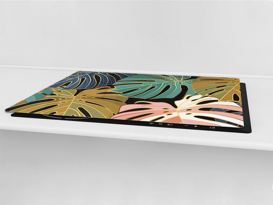 BIG KITCHEN BOARD & Induction Cooktop Cover – Glass Pastry Board – SINGLE: 80 x 52 cm (31,5” x 20,47”); DOUBLE: 40 x 52 cm (15,75” x 20,47”); DD41 Tropical Leaves Series: Vector art
