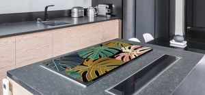 BIG KITCHEN BOARD & Induction Cooktop Cover – Glass Pastry Board – SINGLE: 80 x 52 cm (31,5” x 20,47”); DOUBLE: 40 x 52 cm (15,75” x 20,47”); DD41 Tropical Leaves Series: Vector art