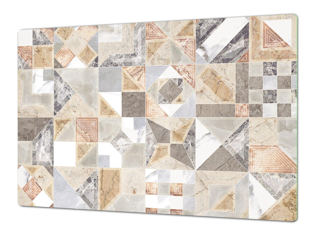 HUGE Cutting Board – Worktop saver and Pastry Board – Glass Kitchen Board DD37 Vintage leaves and patterns Series: Retro tiles pattern