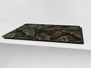 BIG KITCHEN BOARD & Induction Cooktop Cover – Glass Pastry Board – SINGLE: 80 x 52 cm (31,5” x 20,47”); DOUBLE: 40 x 52 cm (15,75” x 20,47”); DD41 Tropical Leaves Series: Exotic pattern 1