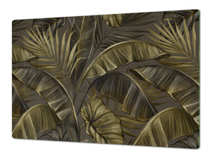BIG KITCHEN BOARD & Induction Cooktop Cover – Glass Pastry Board – SINGLE: 80 x 52 cm (31,5” x 20,47”); DOUBLE: 40 x 52 cm (15,75” x 20,47”); DD41 Tropical Leaves Series: Dark banana leaves