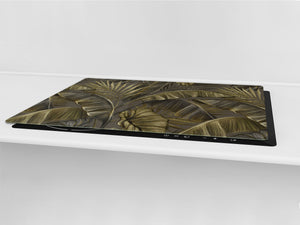 BIG KITCHEN BOARD & Induction Cooktop Cover – Glass Pastry Board – SINGLE: 80 x 52 cm (31,5” x 20,47”); DOUBLE: 40 x 52 cm (15,75” x 20,47”); DD41 Tropical Leaves Series: Dark banana leaves