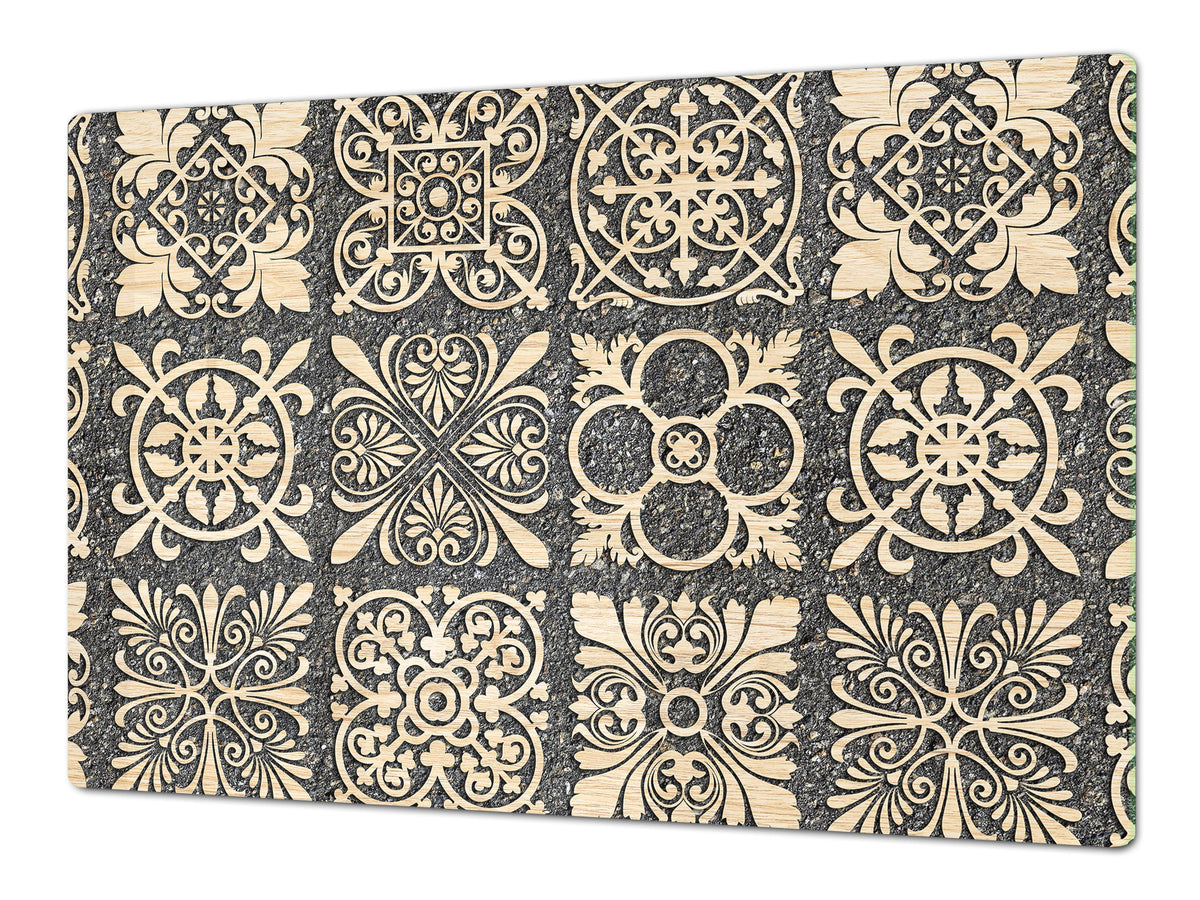 HUGE Cutting Board – Worktop saver and Pastry Board – Glass Kitchen Board DD37 Vintage leaves and patterns Series: Sculpted mosaic pattern