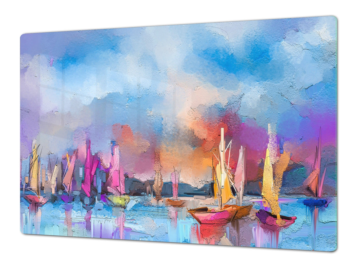 GIGANTIC CUTTING BOARD and Cooktop Cover - Glass Kitchen Board; SINGLE: 80 x 52 cm (31,5” x 20,47”); DOUBLE: 40 x 52 cm (15,75” x 20,47”); DD42 Paintings Series: Impressionist seascape