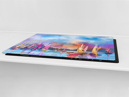 GIGANTIC CUTTING BOARD and Cooktop Cover - Glass Kitchen Board; SINGLE: 80 x 52 cm (31,5” x 20,47”); DOUBLE: 40 x 52 cm (15,75” x 20,47”); DD42 Paintings Series: Impressionist seascape