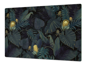 BIG KITCHEN BOARD & Induction Cooktop Cover – Glass Pastry Board – SINGLE: 80 x 52 cm (31,5” x 20,47”); DOUBLE: 40 x 52 cm (15,75” x 20,47”); DD41 Tropical Leaves Series: Leafy wallpaper