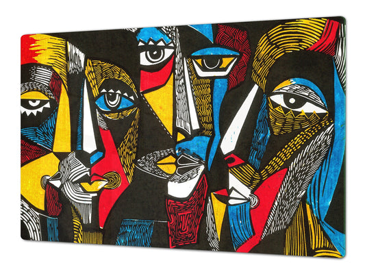 GIGANTIC CUTTING BOARD and Cooktop Cover - Glass Kitchen Board; SINGLE: 80 x 52 cm (31,5” x 20,47”); DOUBLE: 40 x 52 cm (15,75” x 20,47”); DD42 Paintings Series: Surreal coloured faces