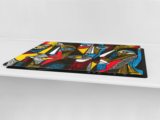 GIGANTIC CUTTING BOARD and Cooktop Cover - Glass Kitchen Board; SINGLE: 80 x 52 cm (31,5” x 20,47”); DOUBLE: 40 x 52 cm (15,75” x 20,47”); DD42 Paintings Series: Surreal coloured faces