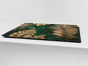 BIG KITCHEN BOARD & Induction Cooktop Cover – Glass Pastry Board – SINGLE: 80 x 52 cm (31,5” x 20,47”); DOUBLE: 40 x 52 cm (15,75” x 20,47”); DD41 Tropical Leaves Series: Creative nature background