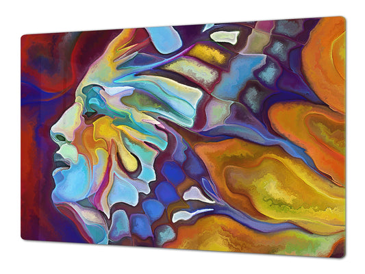 GIGANTIC CUTTING BOARD and Cooktop Cover - Glass Kitchen Board; SINGLE: 80 x 52 cm (31,5” x 20,47”); DOUBLE: 40 x 52 cm (15,75” x 20,47”); DD42 Paintings Series: Abstract human portrait