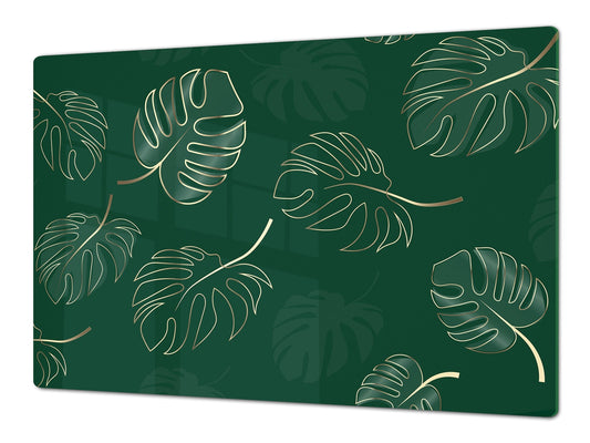 BIG KITCHEN BOARD & Induction Cooktop Cover – Glass Pastry Board – SINGLE: 80 x 52 cm (31,5” x 20,47”); DOUBLE: 40 x 52 cm (15,75” x 20,47”); DD41 Tropical Leaves Series: Modern monstera leaves