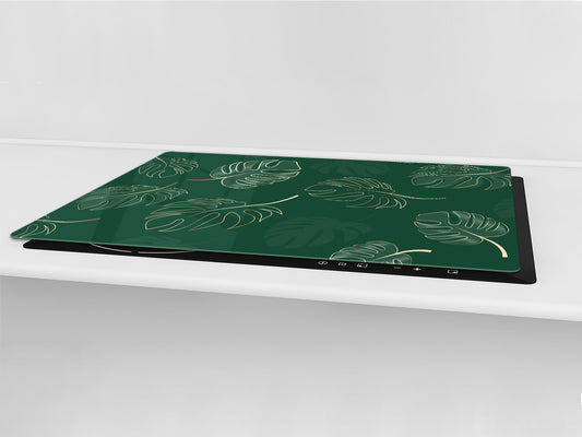 BIG KITCHEN BOARD & Induction Cooktop Cover – Glass Pastry Board – SINGLE: 80 x 52 cm (31,5” x 20,47”); DOUBLE: 40 x 52 cm (15,75” x 20,47”); DD41 Tropical Leaves Series: Modern monstera leaves