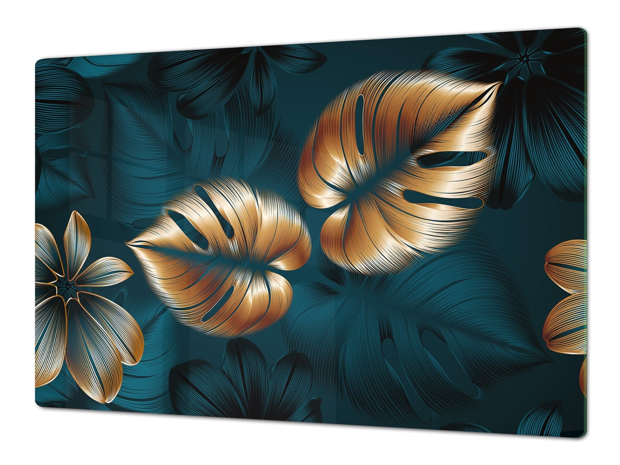 BIG KITCHEN BOARD & Induction Cooktop Cover – Glass Pastry Board – SINGLE: 80 x 52 cm (31,5” x 20,47”); DOUBLE: 40 x 52 cm (15,75” x 20,47”); DD41 Tropical Leaves Series: Shining luxury leaves