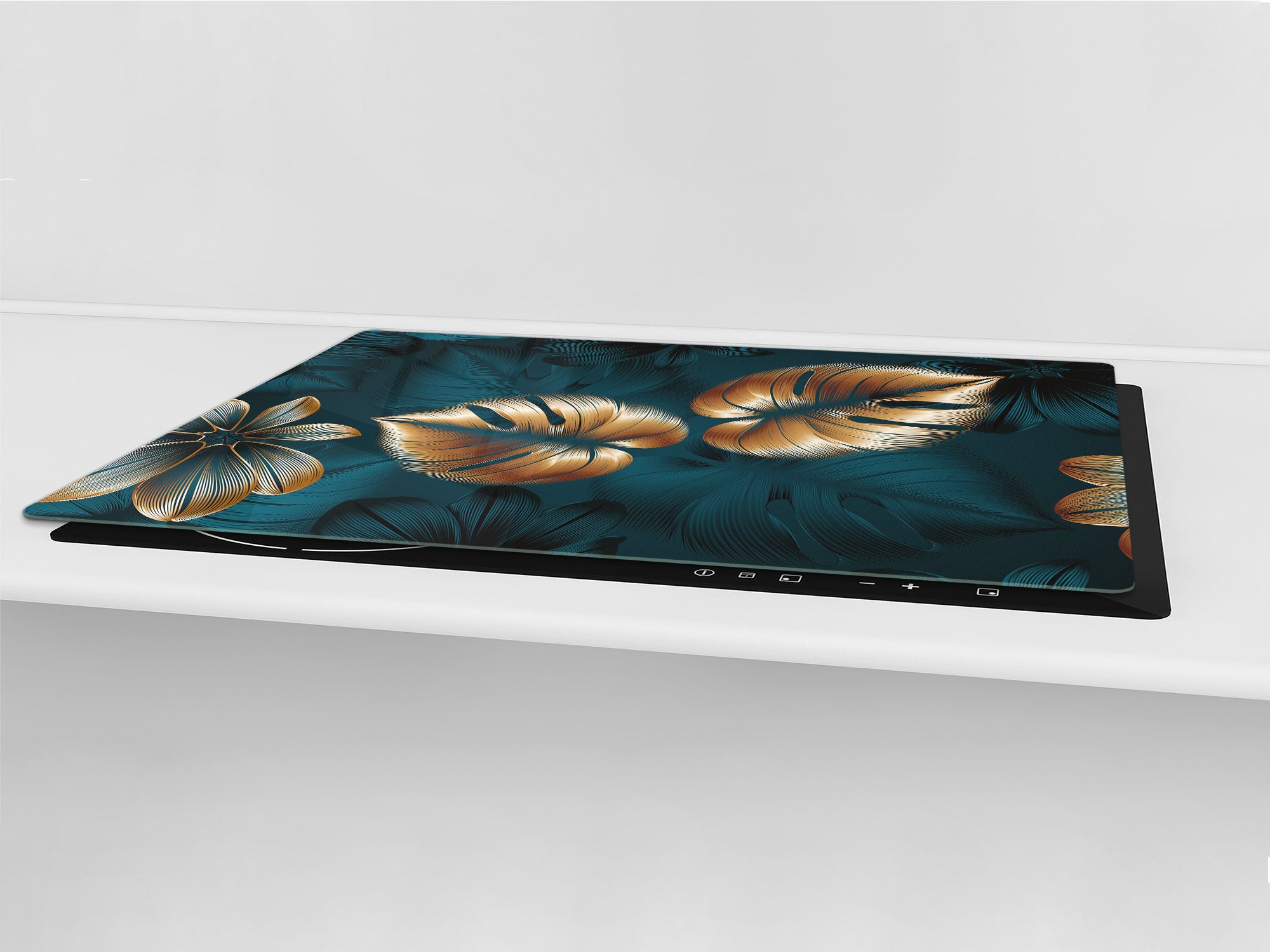 BIG KITCHEN BOARD & Induction Cooktop Cover – Glass Pastry Board – SINGLE: 80 x 52 cm (31,5” x 20,47”); DOUBLE: 40 x 52 cm (15,75” x 20,47”); DD41 Tropical Leaves Series: Shining luxury leaves