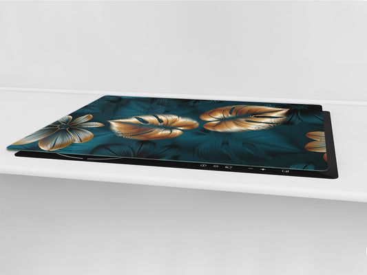 BIG KITCHEN BOARD & Induction Cooktop Cover – Glass Pastry Board – SINGLE: 80 x 52 cm (31,5” x 20,47”); DOUBLE: 40 x 52 cm (15,75” x 20,47”); DD41 Tropical Leaves Series: Shining luxury leaves