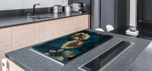 BIG KITCHEN BOARD & Induction Cooktop Cover – Glass Pastry Board – SINGLE: 80 x 52 cm (31,5” x 20,47”); DOUBLE: 40 x 52 cm (15,75” x 20,47”); DD41 Tropical Leaves Series: Shining luxury leaves