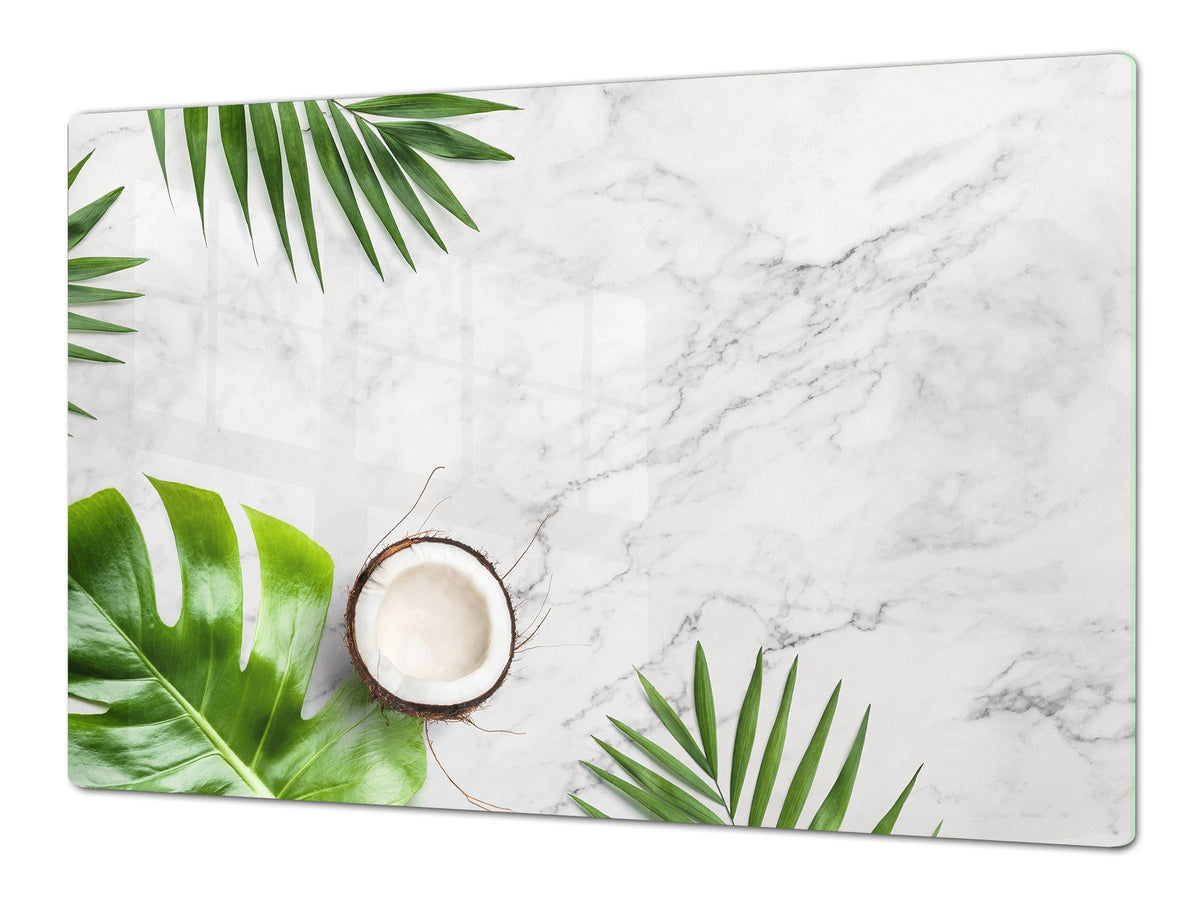 BIG KITCHEN BOARD & Induction Cooktop Cover – Glass Pastry Board – SINGLE: 80 x 52 cm (31,5” x 20,47”); DOUBLE: 40 x 52 cm (15,75” x 20,47”); DD41 Tropical Leaves Series: Summer concept