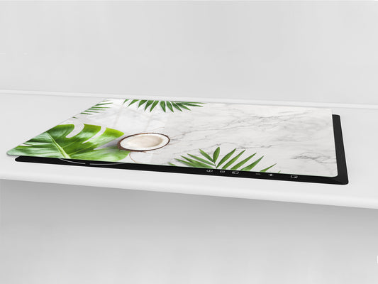 BIG KITCHEN BOARD & Induction Cooktop Cover – Glass Pastry Board – SINGLE: 80 x 52 cm (31,5” x 20,47”); DOUBLE: 40 x 52 cm (15,75” x 20,47”); DD41 Tropical Leaves Series: Summer concept