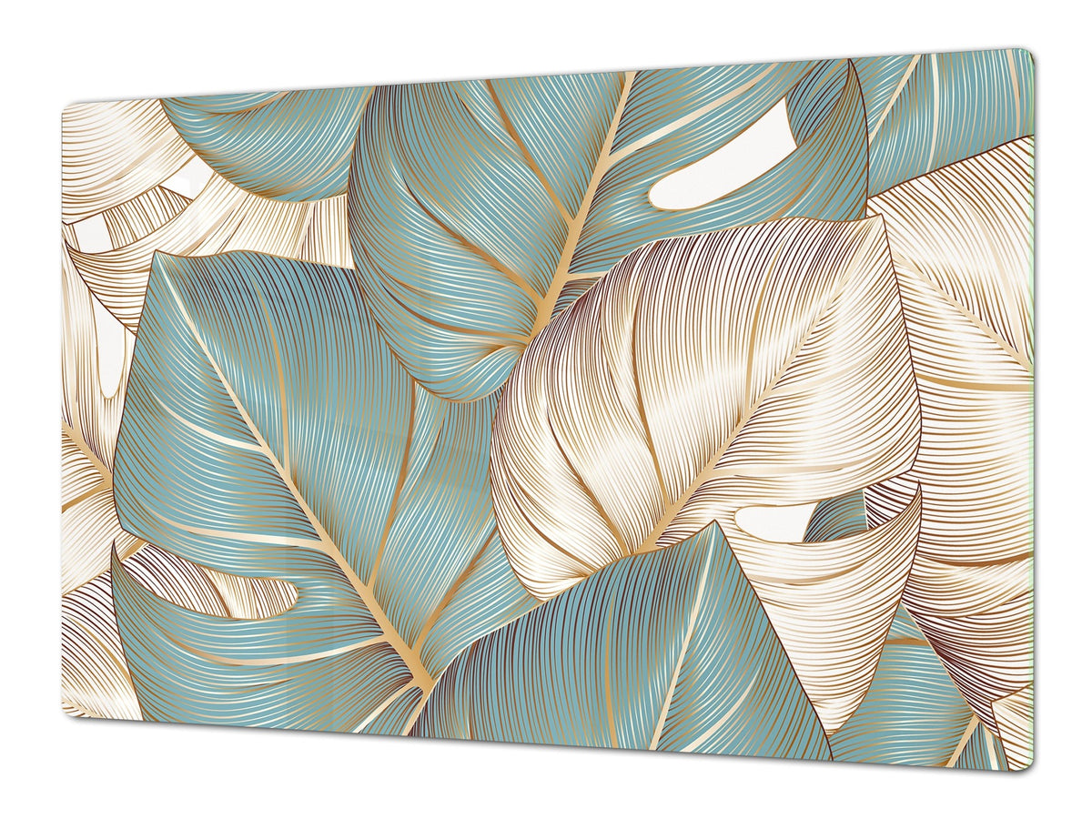 BIG KITCHEN BOARD & Induction Cooktop Cover – Glass Pastry Board – SINGLE: 80 x 52 cm (31,5” x 20,47”); DOUBLE: 40 x 52 cm (15,75” x 20,47”); DD41 Tropical Leaves Series: Romantic monstera pattern