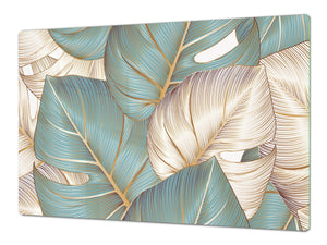 BIG KITCHEN BOARD & Induction Cooktop Cover – Glass Pastry Board – SINGLE: 80 x 52 cm (31,5” x 20,47”); DOUBLE: 40 x 52 cm (15,75” x 20,47”); DD41 Tropical Leaves Series: Romantic monstera pattern