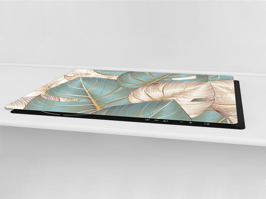 BIG KITCHEN BOARD & Induction Cooktop Cover – Glass Pastry Board – SINGLE: 80 x 52 cm (31,5” x 20,47”); DOUBLE: 40 x 52 cm (15,75” x 20,47”); DD41 Tropical Leaves Series: Romantic monstera pattern
