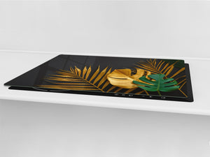 BIG KITCHEN BOARD & Induction Cooktop Cover – Glass Pastry Board – SINGLE: 80 x 52 cm (31,5” x 20,47”); DOUBLE: 40 x 52 cm (15,75” x 20,47”); DD41 Tropical Leaves Series: Painted gold leaves