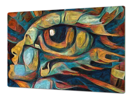 GIGANTIC CUTTING BOARD and Cooktop Cover - Glass Kitchen Board; SINGLE: 80 x 52 cm (31,5” x 20,47”); DOUBLE: 40 x 52 cm (15,75” x 20,47”); DD42 Paintings Series: Inner eye