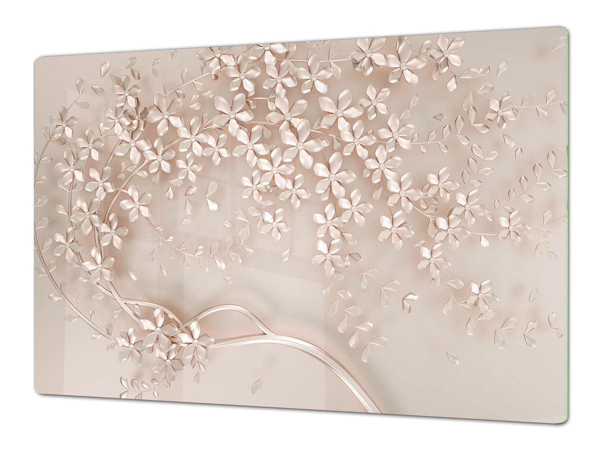 UNIQUE Tempered GLASS Kitchen Board – Impact & Scratch Resistant Cooktop cover – SINGLE: 80 x 52 cm; DOUBLE: 40 x 52 cm; DD39 Colourful Variety Series: Beige decorative tree
