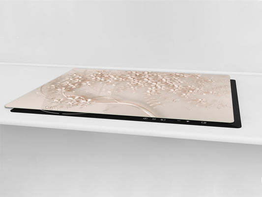 UNIQUE Tempered GLASS Kitchen Board – Impact & Scratch Resistant Cooktop cover – SINGLE: 80 x 52 cm; DOUBLE: 40 x 52 cm; DD39 Colourful Variety Series: Beige decorative tree