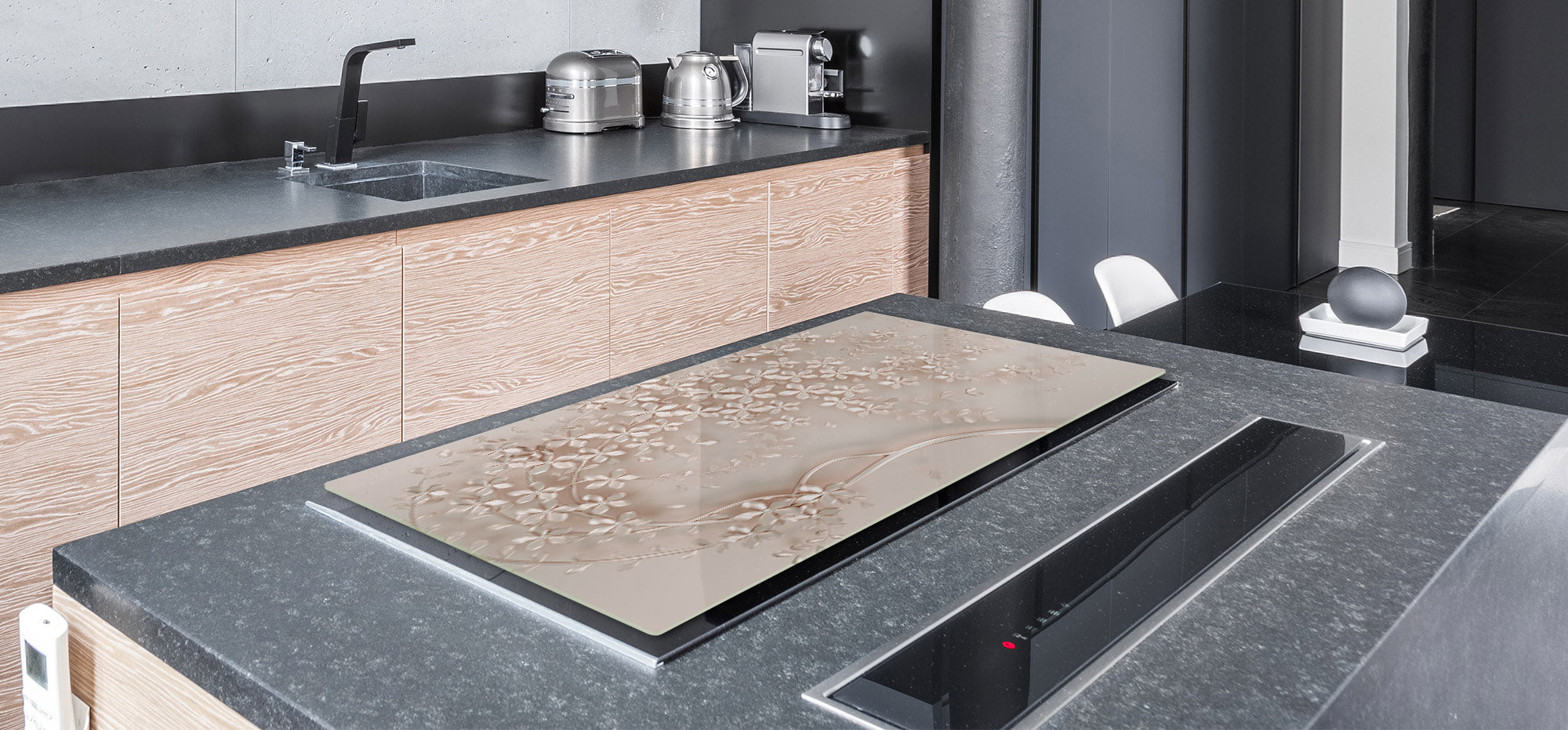 UNIQUE Tempered GLASS Kitchen Board – Impact & Scratch Resistant Cooktop cover – SINGLE: 80 x 52 cm; DOUBLE: 40 x 52 cm; DD39 Colourful Variety Series: Beige decorative tree