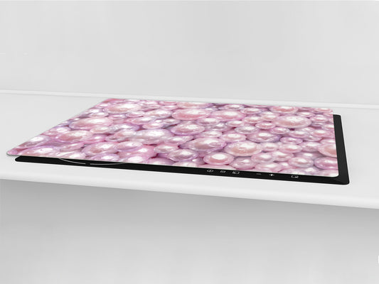 UNIQUE Tempered GLASS Kitchen Board – Impact & Scratch Resistant Cooktop cover – SINGLE: 80 x 52 cm; DOUBLE: 40 x 52 cm; DD39 Colourful Variety Series: Pink pearls