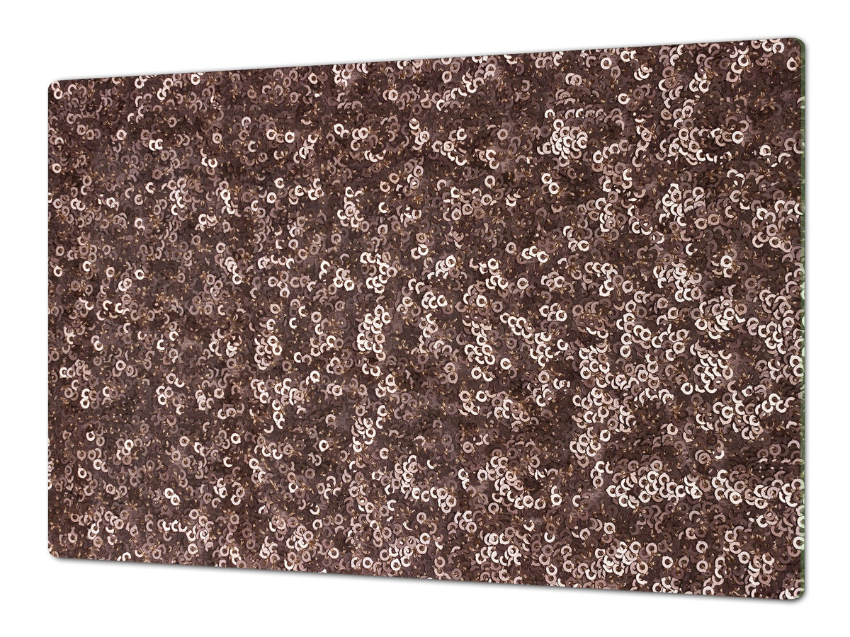 UNIQUE Tempered GLASS Kitchen Board – Impact & Scratch Resistant Cooktop cover – SINGLE: 80 x 52 cm; DOUBLE: 40 x 52 cm; DD39 Colourful Variety Series: Gold brown sequins