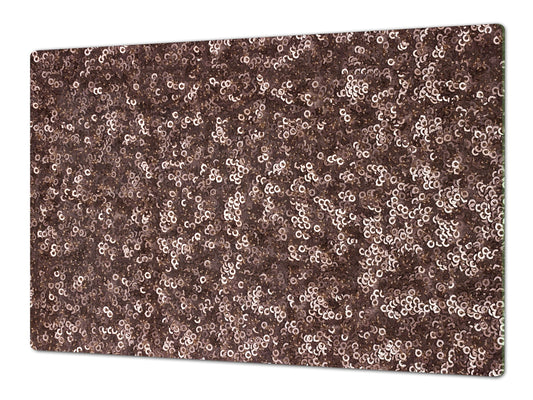 UNIQUE Tempered GLASS Kitchen Board – Impact & Scratch Resistant Cooktop cover – SINGLE: 80 x 52 cm; DOUBLE: 40 x 52 cm; DD39 Colourful Variety Series: Gold brown sequins