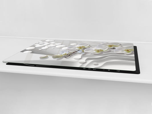 Induction Cooktop Cover – Glass Cutting Board- Flower series DD06B White orchid 1