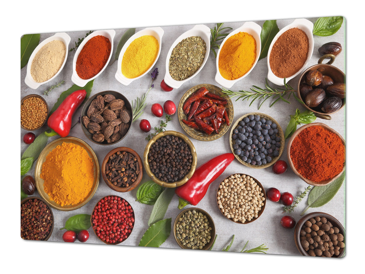 Schneidbrett aus Hartglas und schützende Arbeitsoberfläche – Schneideplatten: Sehr groß Küchenbrett aus Hartglas und Kochplattenabdeckung; spice series DD03B: Mosaic of spices 9