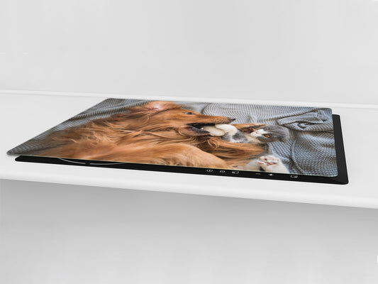 Gigantic Worktop saver and Pastry Board - Tempered GLASS Cutting Board Animals series DD01 Dog with a cat