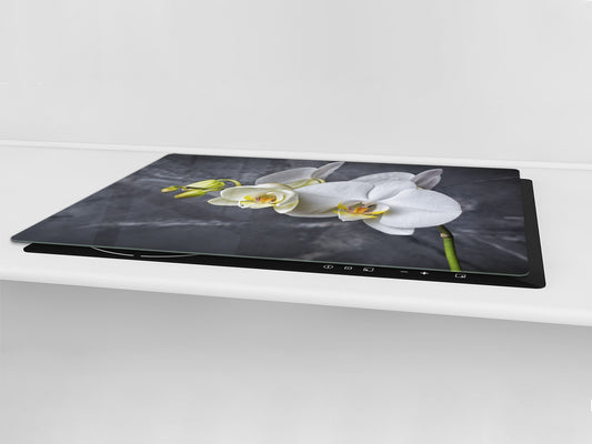 Induction Cooktop Cover – Glass Cutting Board- Flower series DD06B White orchid 2