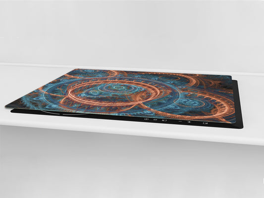 ENORMOUS  Tempered GLASS Chopping Board - Induction Cooktop Cover – SINGLE: 80 x 52 cm; DOUBLE: 40 x 52 cm; DD43 Abstract Graphics Series: Fiery wheels