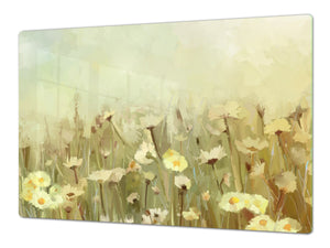 ENORMOUS  Tempered GLASS Chopping Board - Induction Cooktop Cover – SINGLE: 80 x 52 cm; DOUBLE: 40 x 52 cm; Flower series DD06B:Daisies