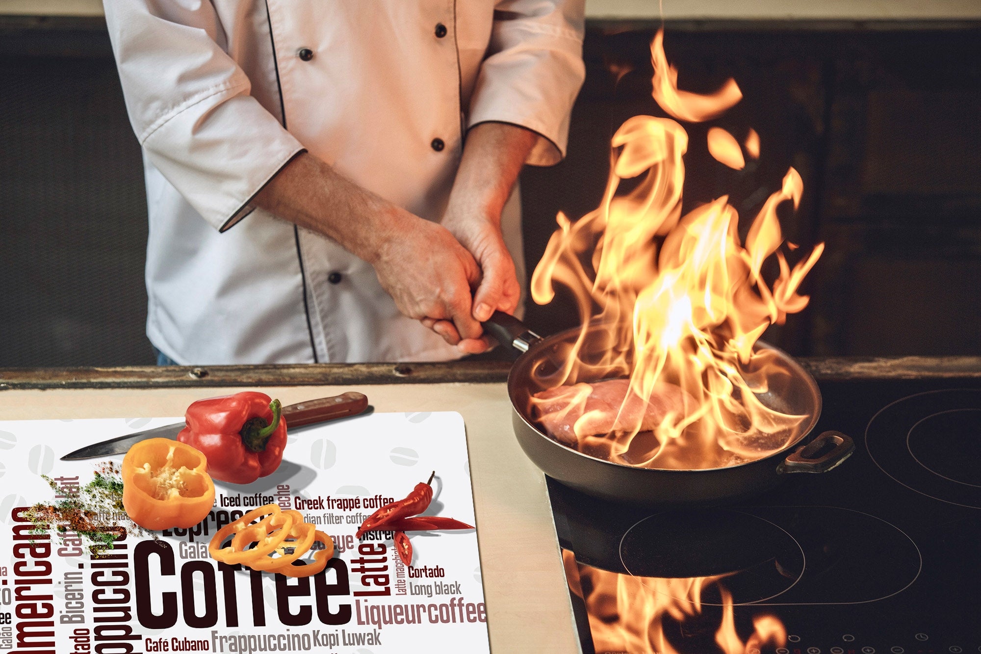 GIGANTIC CUTTING BOARD and Cooktop Cover - Expressions Series DD17 Wordcloud of coffee