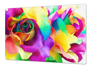 GIGANTE Copri-piano cottura a induzione – ENORME tagliere in VETRO temperato;  Serie di fiori DD06A: Rosa colorata