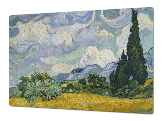 GIGANTIC CUTTING BOARD and Cooktop Cover - Glass Kitchen Board; SINGLE: 80 x 52 cm (31,5” x 20,47”); DOUBLE: 40 x 52 cm (15,75” x 20,47”); DD42 Paintings Series: Wheat Field with Cypresses by Van Gogh