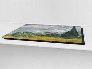 GIGANTIC CUTTING BOARD and Cooktop Cover - Glass Kitchen Board; SINGLE: 80 x 52 cm (31,5” x 20,47”); DOUBLE: 40 x 52 cm (15,75” x 20,47”); DD42 Paintings Series: Wheat Field with Cypresses by Van Gogh