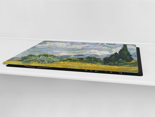 GIGANTIC CUTTING BOARD and Cooktop Cover - Glass Kitchen Board; SINGLE: 80 x 52 cm (31,5” x 20,47”); DOUBLE: 40 x 52 cm (15,75” x 20,47”); DD42 Paintings Series: Wheat Field with Cypresses by Van Gogh