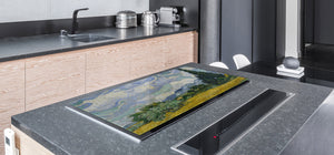GIGANTIC CUTTING BOARD and Cooktop Cover - Glass Kitchen Board; SINGLE: 80 x 52 cm (31,5” x 20,47”); DOUBLE: 40 x 52 cm (15,75” x 20,47”); DD42 Paintings Series: Wheat Field with Cypresses by Van Gogh