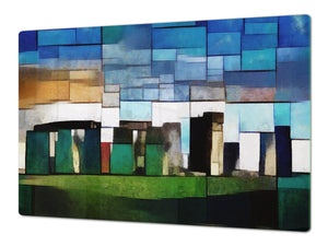 GIGANTIC CUTTING BOARD and Cooktop Cover - Glass Kitchen Board; SINGLE: 80 x 52 cm (31,5” x 20,47”); DOUBLE: 40 x 52 cm (15,75” x 20,47”); DD42 Paintings Series: Cubist Stonehenge